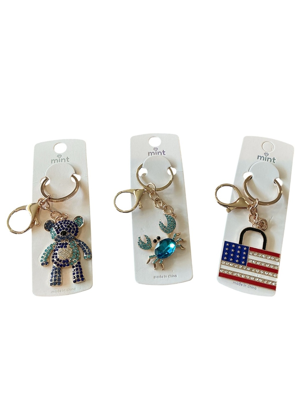 Rhinestone Keychain Bundle of 3 Crystal Bear, Teal Crab & RWB Flag Keychain NWOT